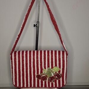Red and White Striped Cherry Beaded Shoulder Bag